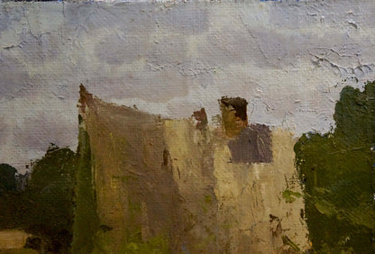 Oil painting of camp in forest: textured stone ruin with foliage