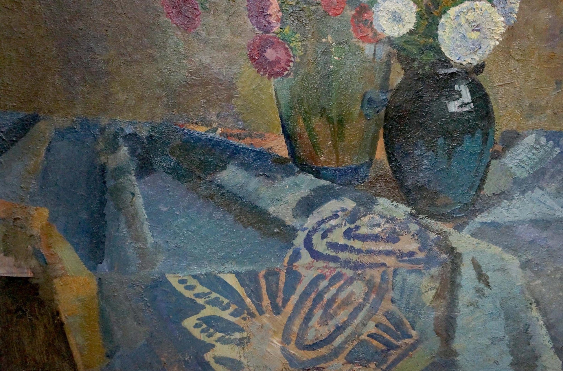 Oil painting of pink white flowers in dark teal glossy vase by Khokhlov Fedor Ivanovich