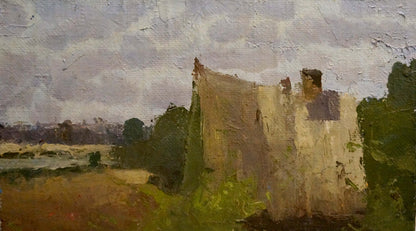 Oil painting of weathered stone ruin with ivy in forest camp under cloudy sky