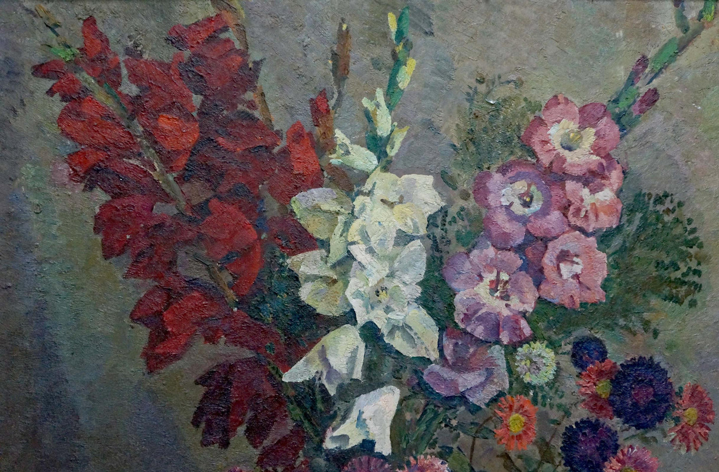 Oil painting Flowers by Khokhlov Fedor Ivanovich: vibrant red gladioli, pink blossoms, purple orange daisies