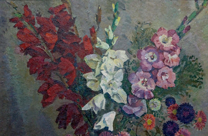 Oil painting Flowers by Khokhlov Fedor Ivanovich: vibrant red gladioli, pink blossoms, purple orange daisies