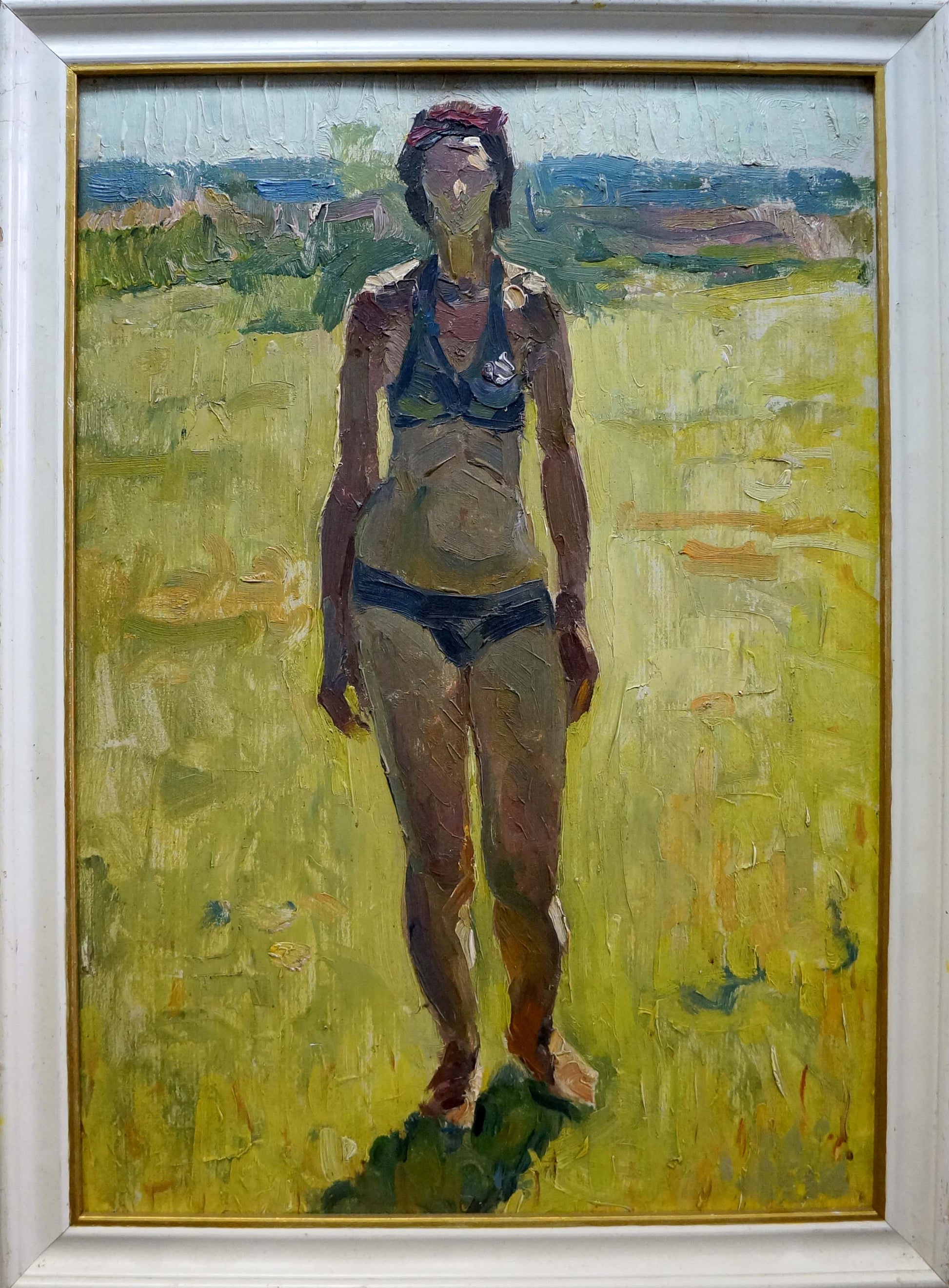 Framed oil painting by Victor Zhurakovsky of woman in blue bikini on yellow field