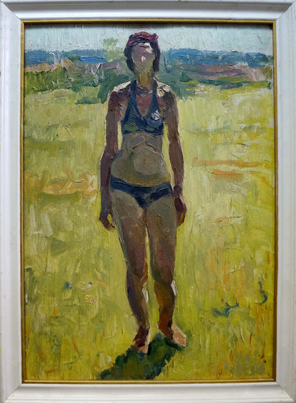 Framed oil painting by Victor Zhurakovsky of woman in blue bikini on yellow field