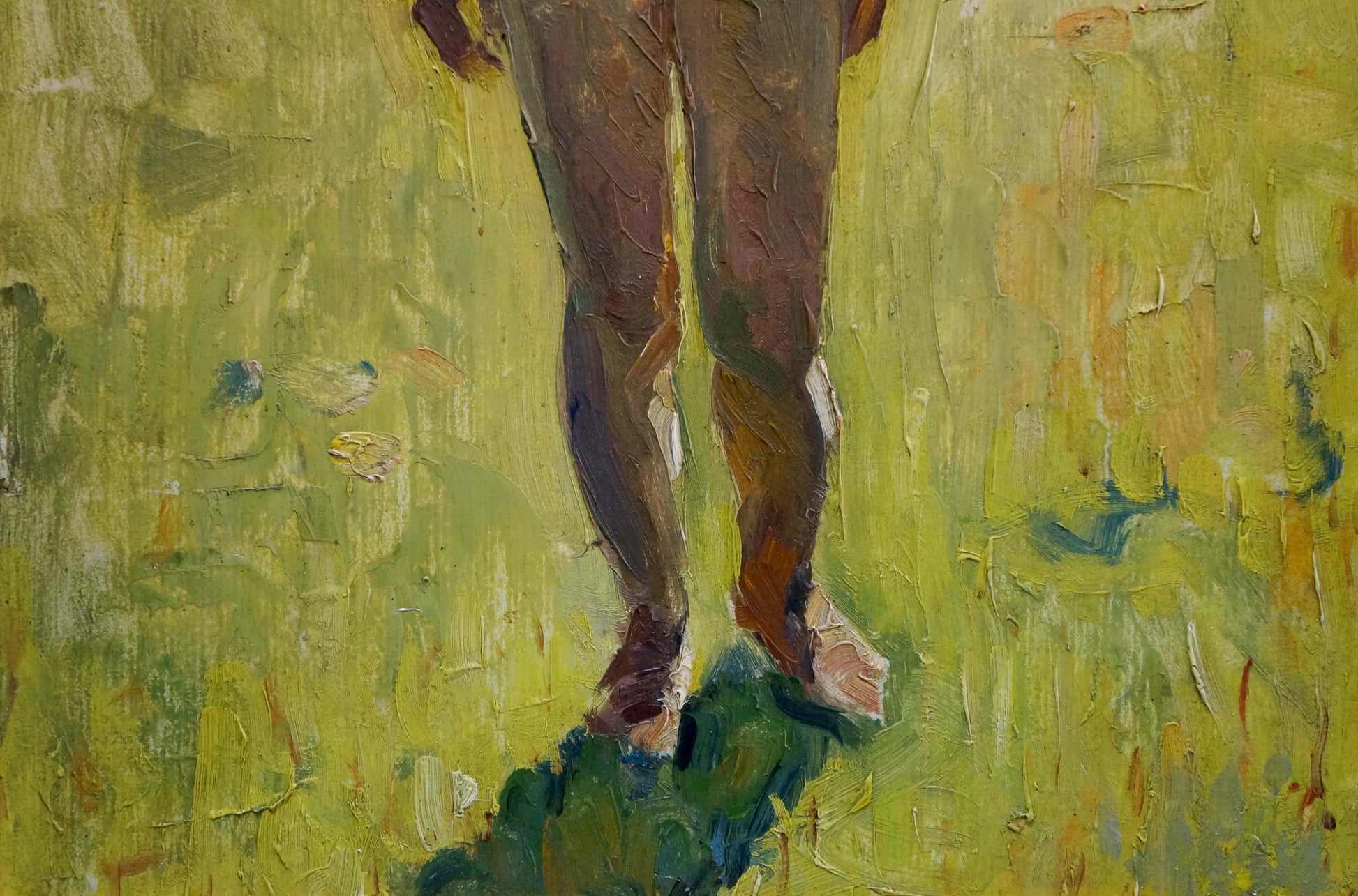 Textured oil painting of girl in swimsuit on green grass by Victor Zhurakovsky