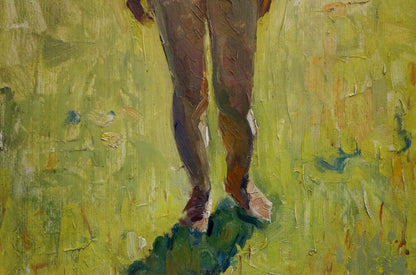 Textured oil painting of girl in swimsuit on green grass by Victor Zhurakovsky