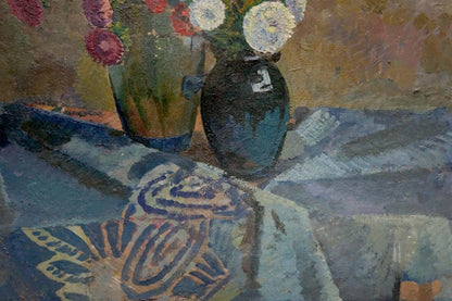 Dark teal vase with white pink flowers by Khokhlov Fedor Ivanovich