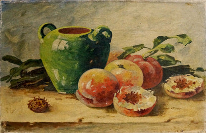 Green ceramic pitcher with dual handles in Peaches oil painting by Mynka Alexander Fedorovich