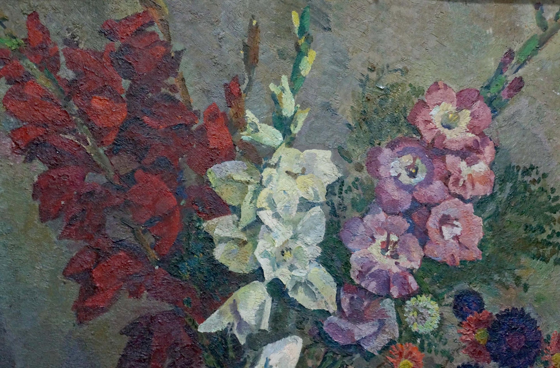 Vibrant oil painting of red white pink gladioli by Khokhlov Fedor Ivanovich