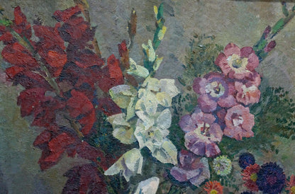 Vibrant oil painting of red white pink gladioli by Khokhlov Fedor Ivanovich