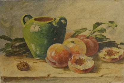 Oil painting of green glazed vase with handles beside peaches and pomegranate by Mynka Alexander Fedorovich