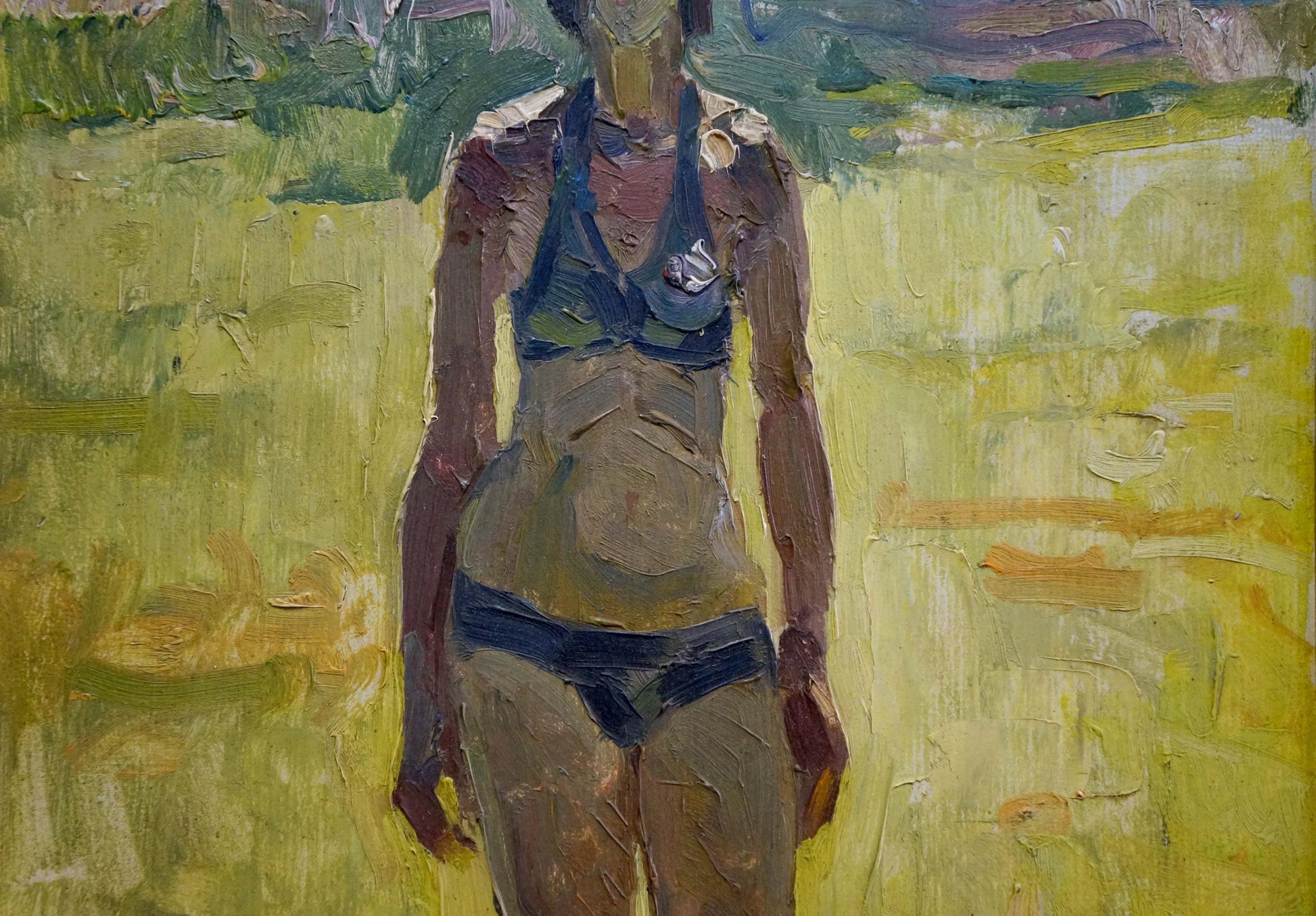 Oil painting portrait by Victor Zhurakovsky: woman in blue bikini on yellow field