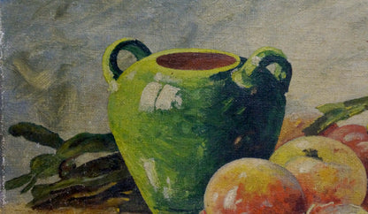 Oil painting Peaches by Mynka Alexander Fedorovich in glossy green ceramic jar