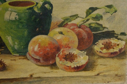 Oil painting of green ceramic pitcher with peaches by Mynka Alexander Fedorovich