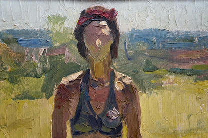 Oil painting portrait of woman in dark blue bikini top by Victor Zhurakovsky