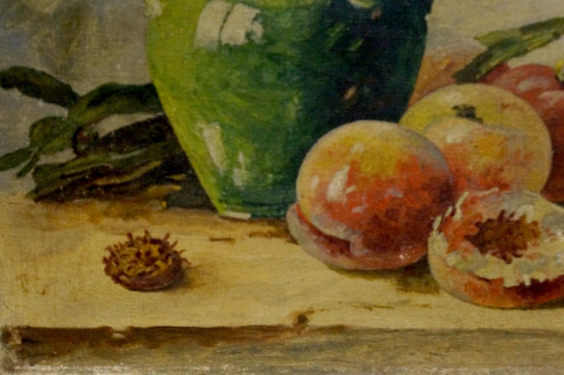 Oil painting of glossy green vase behind ripe peaches by Mynka Alexander Fedorovich