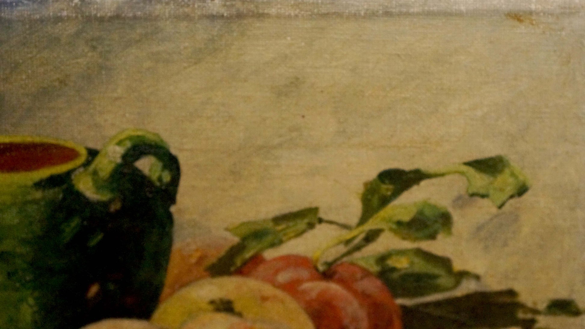 Oil painting Peaches by Mynka Alexander Fedorovich with green pitcher and apples