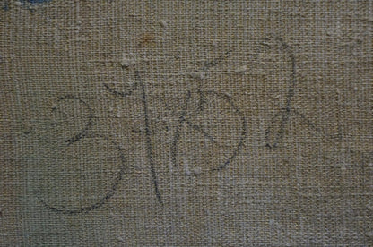 Faded black ink signature by Lomykin Konstantin Matveyevich on beige canvas back