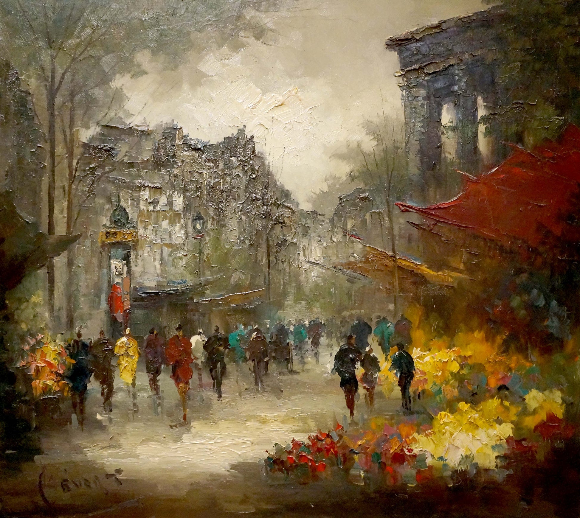 Vibrant impressionistic oil painting by Evert Collier of bustling street scene