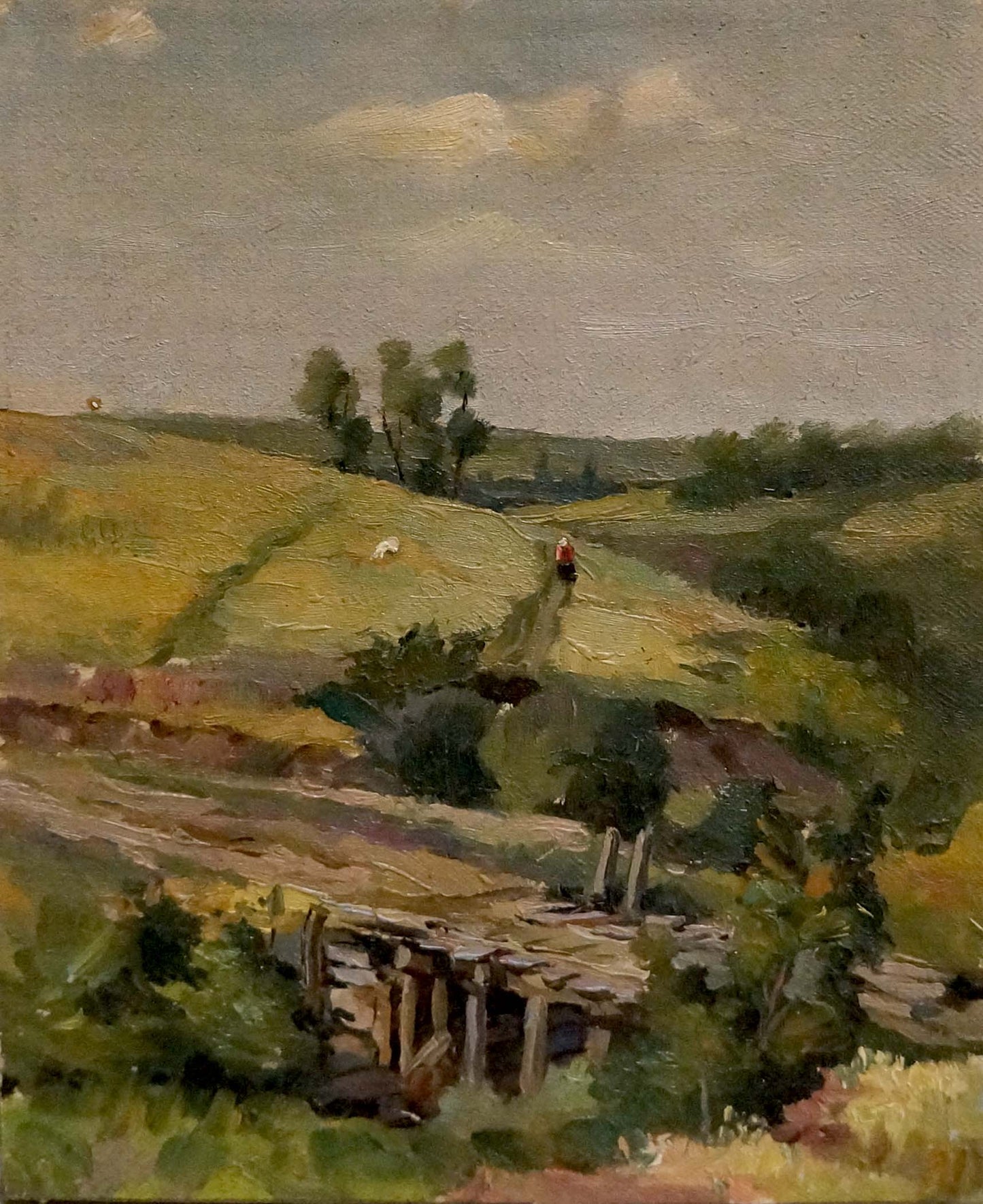 Oil painting by Alexander Mynka: rustic stone bridge over ravine in green countryside