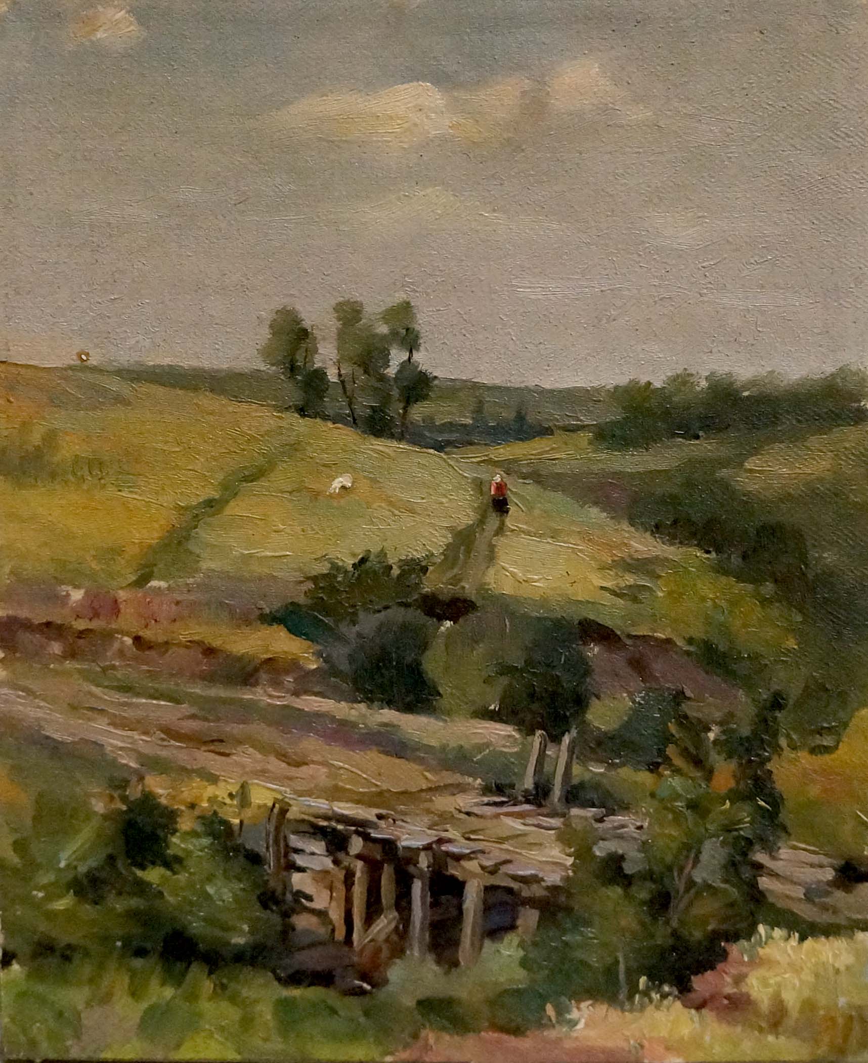 Oil painting by Alexander Mynka: rustic stone bridge over ravine in green countryside