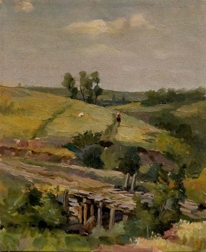 Oil painting by Alexander Mynka: rustic stone bridge over ravine in green countryside