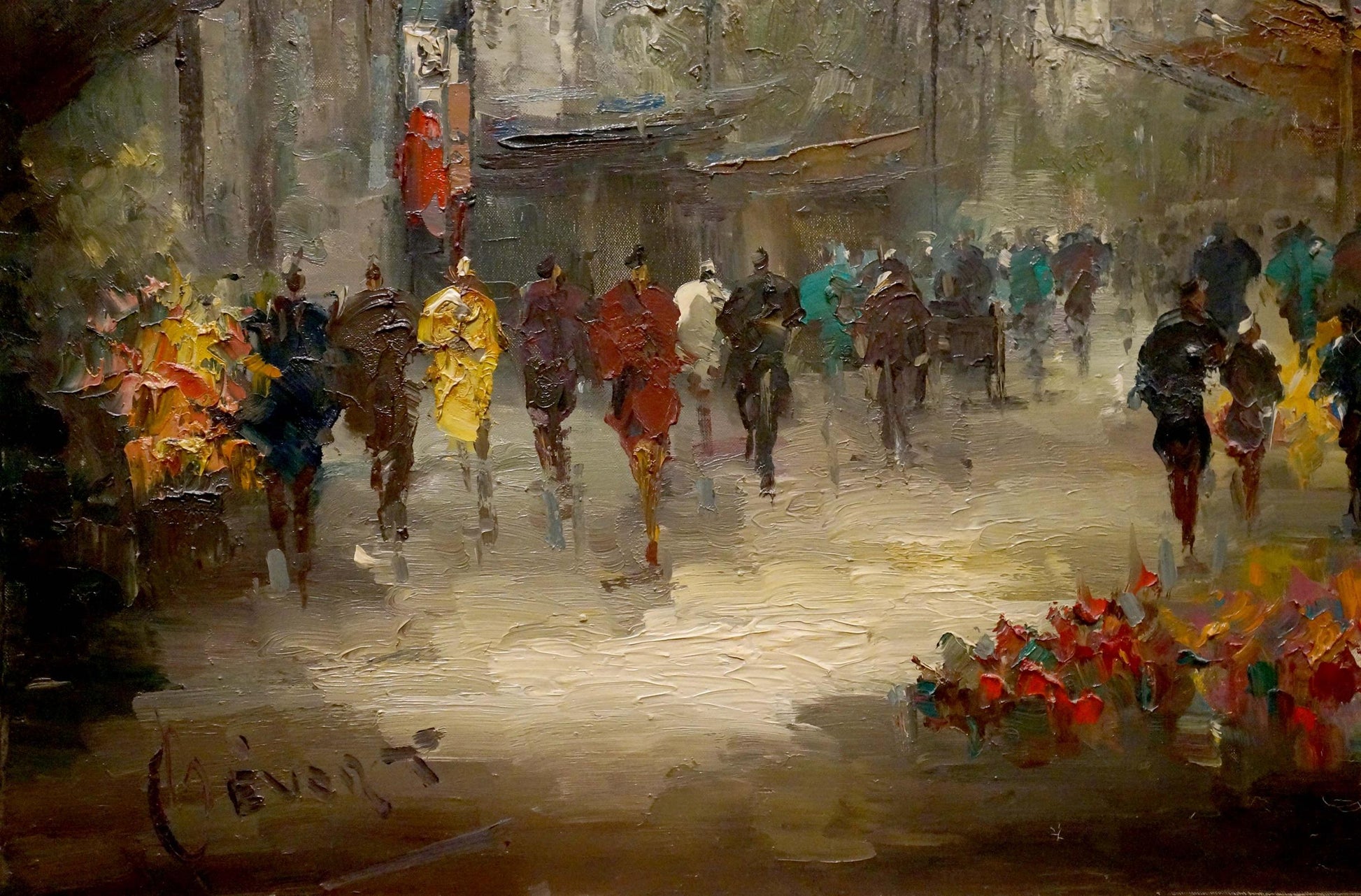 Textured impressionistic oil painting by Evert Collier of bustling city street