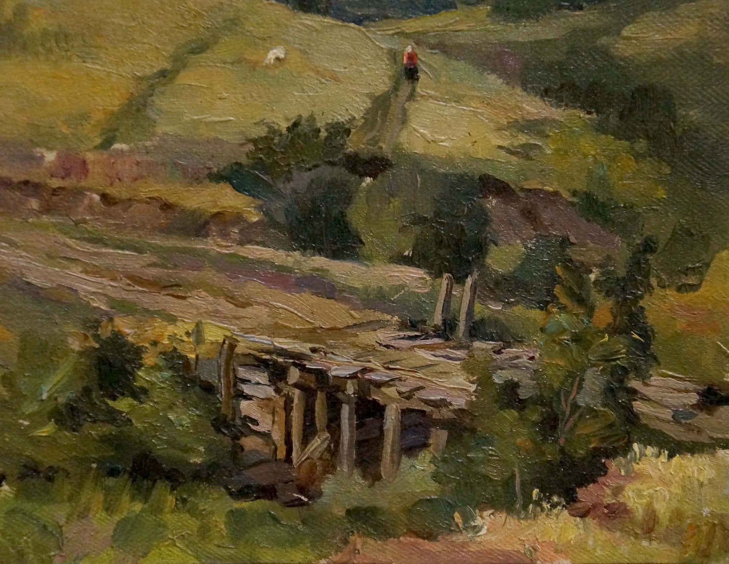 Oil painting by Alexander Mynka: rustic stone bridge in green hills