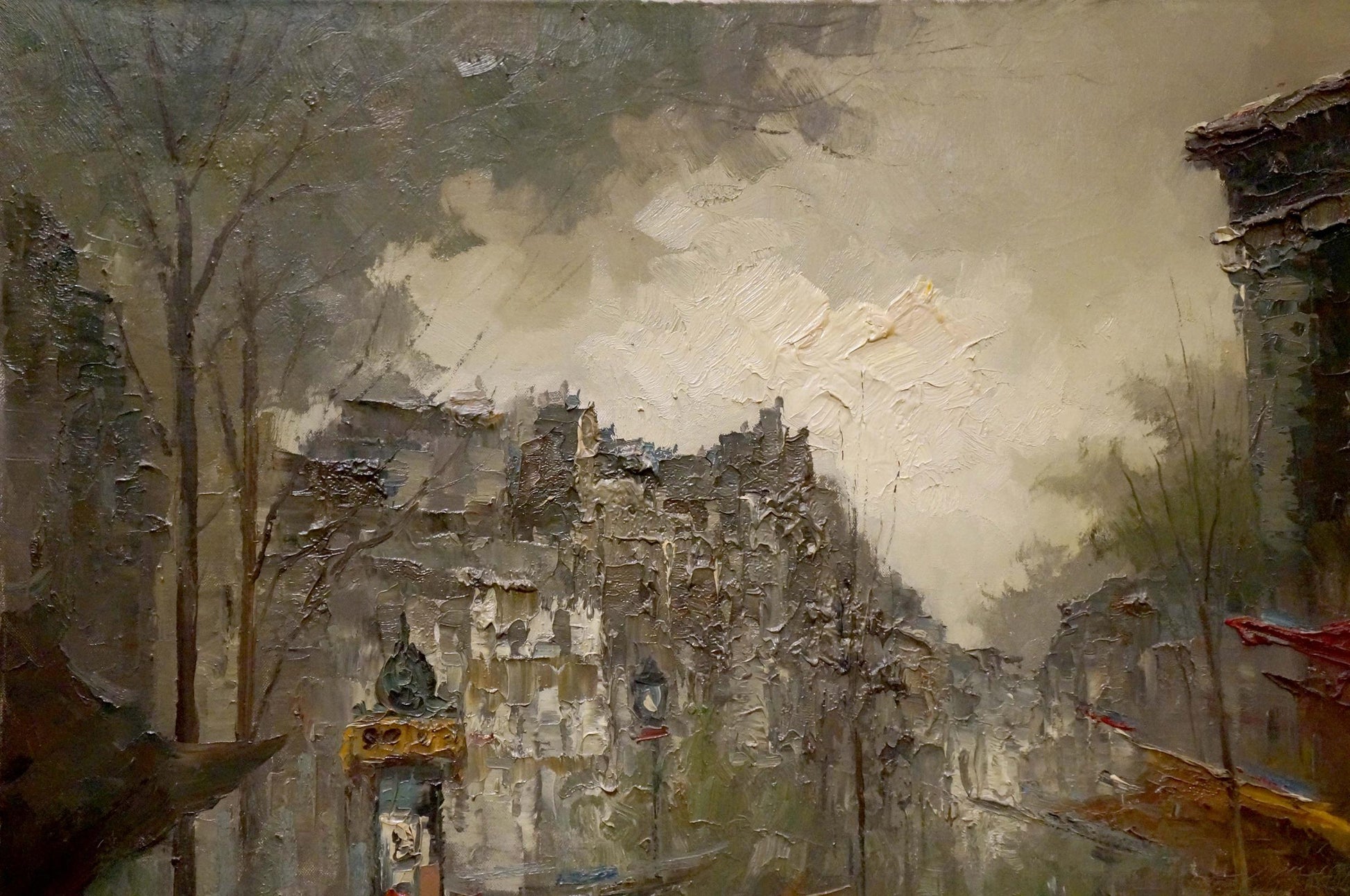 Textured impressionistic oil painting by Evert Collier of misty European street