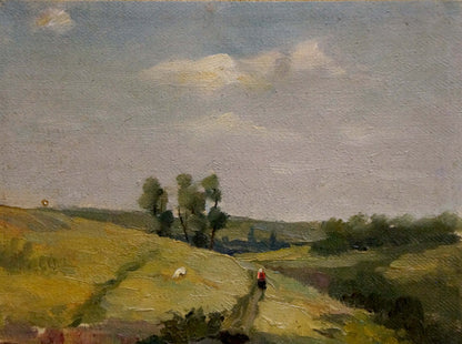 Oil painting landscape by Alexander Mynka: impressionistic green hills, blue sky, clouds