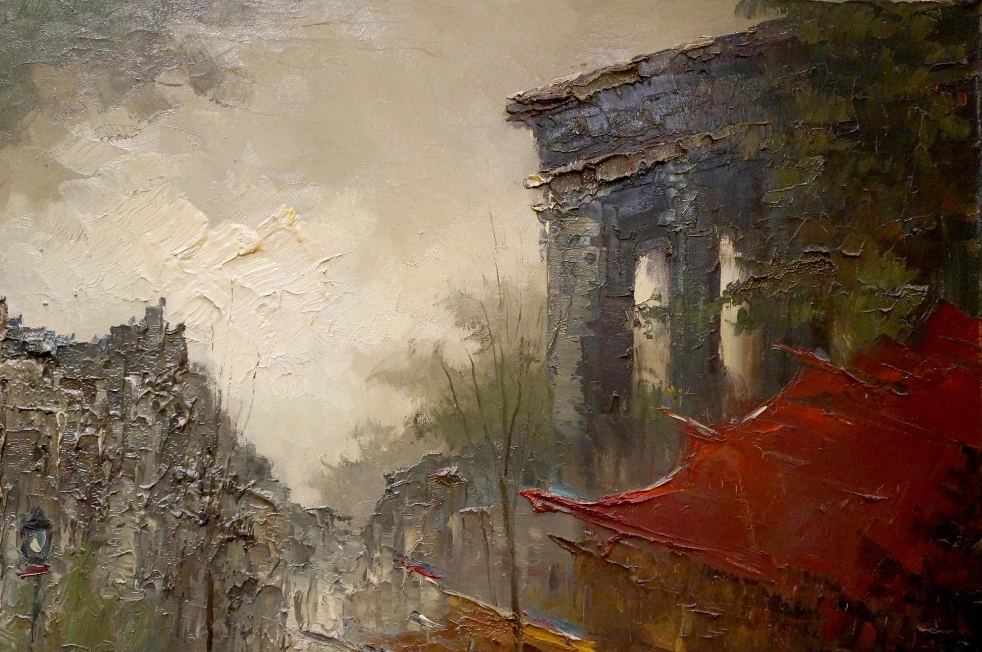 Oil painting by Evert Collier: textured stone building with red roof
