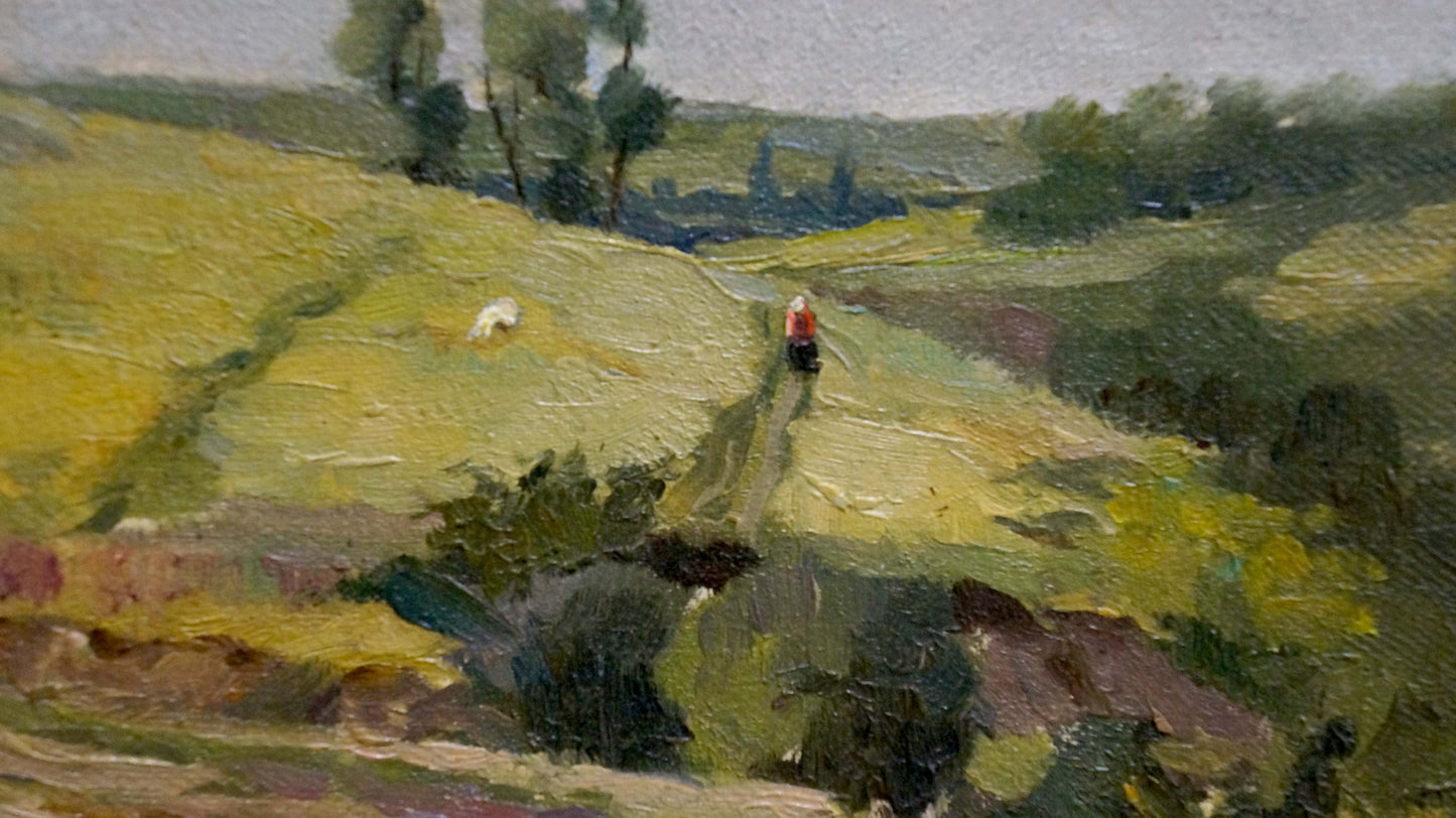 Oil painting by Alexander Mynka: green hillside, red-black figure, white sheep