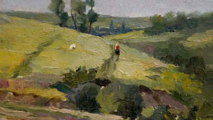 Oil painting by Alexander Mynka: green hillside, red-black figure, white sheep