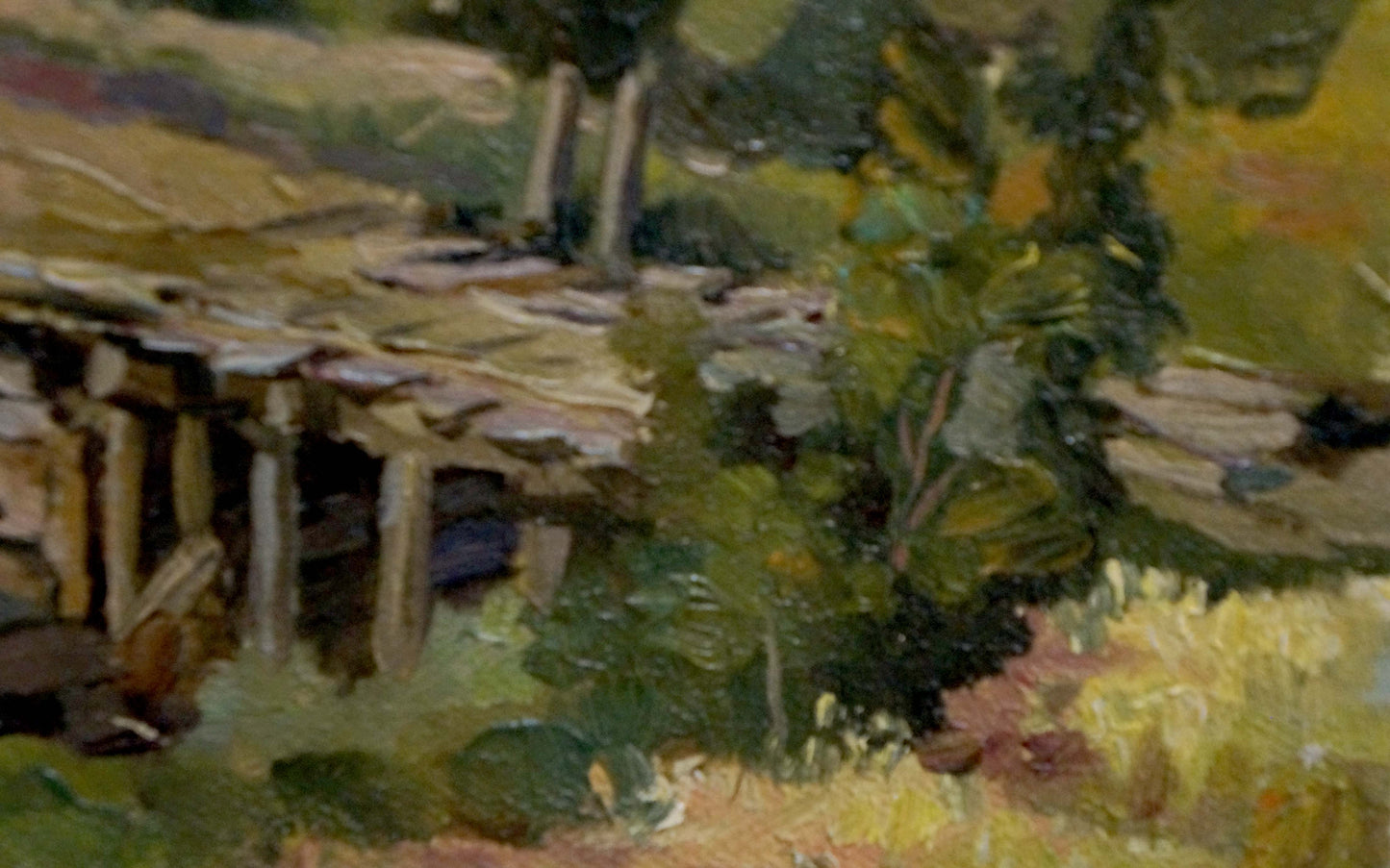Oil painting by Alexander Mynka: rustic stone bridge with mossy walkway