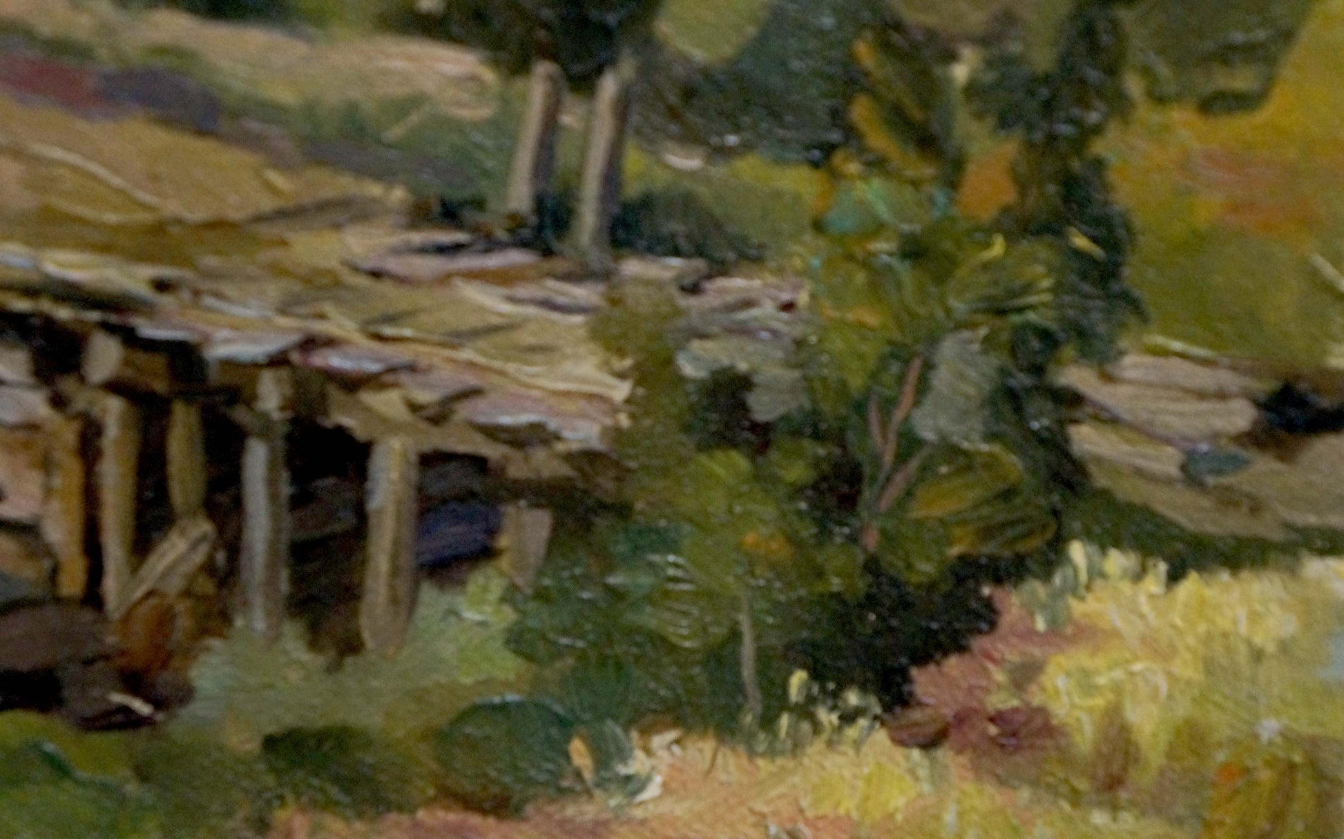 Oil painting by Alexander Mynka: rustic stone bridge with mossy walkway