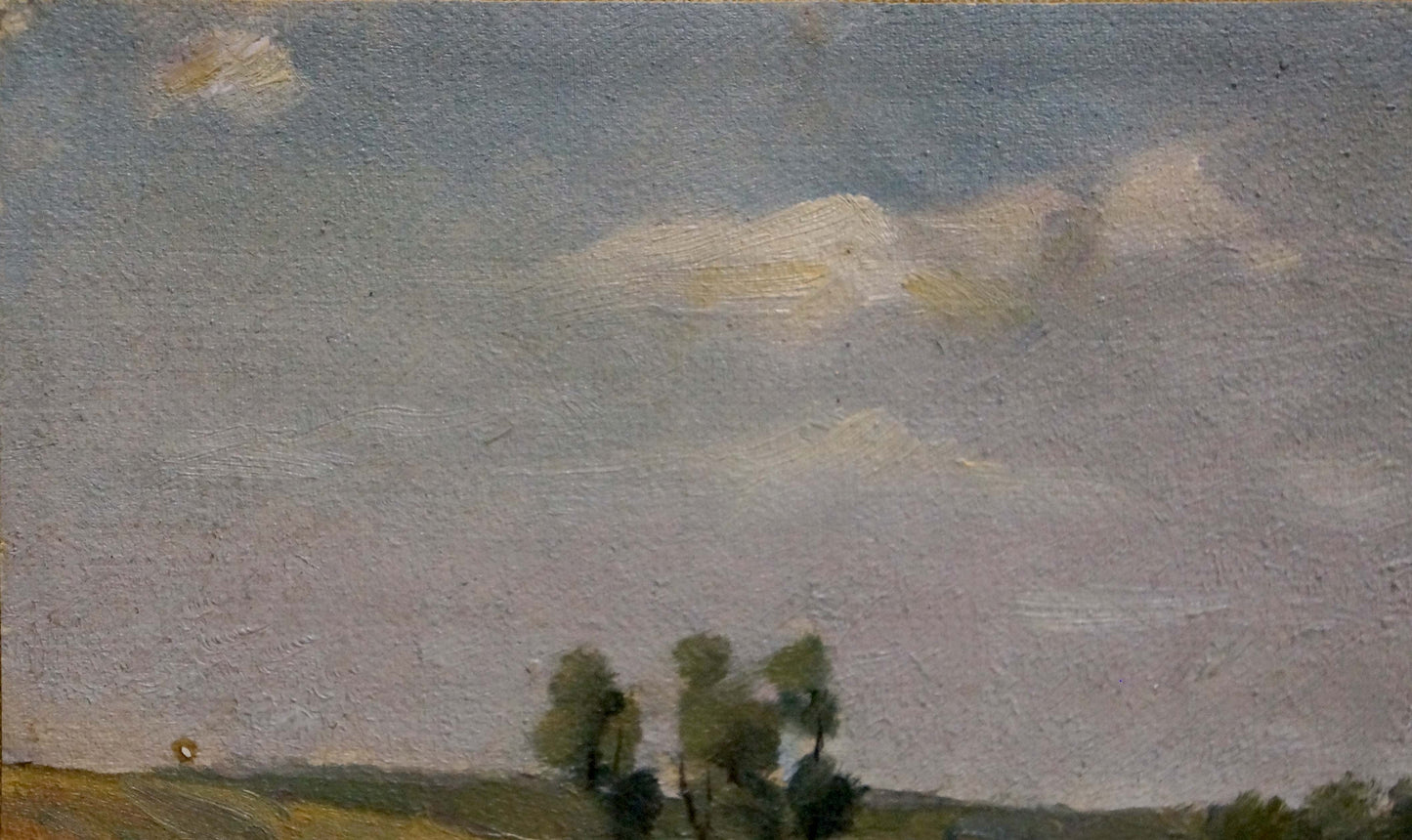 Oil painting landscape by Alexander Mynka: pale blue sky, clouds, hillside, trees