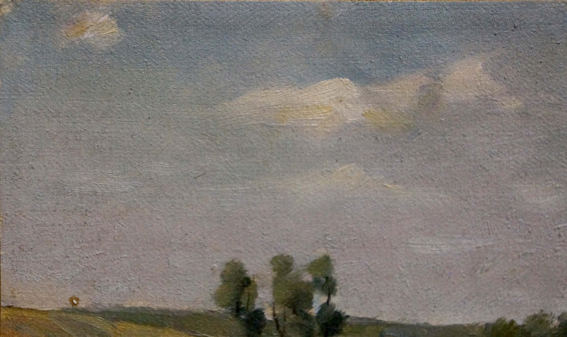Oil painting landscape by Alexander Mynka: pale blue sky, clouds, hillside, trees