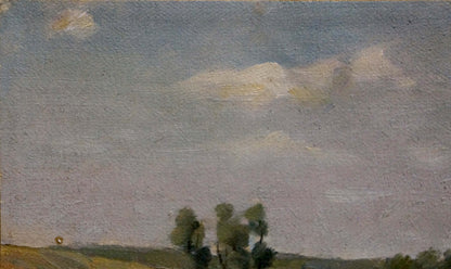 Oil painting landscape by Alexander Mynka: pale blue sky, clouds, hillside, trees