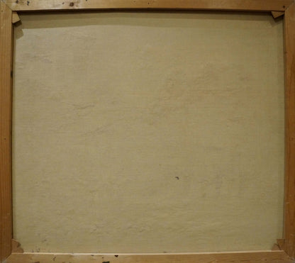 Back of beige canvas oil painting by Evert Collier in light wood frame
