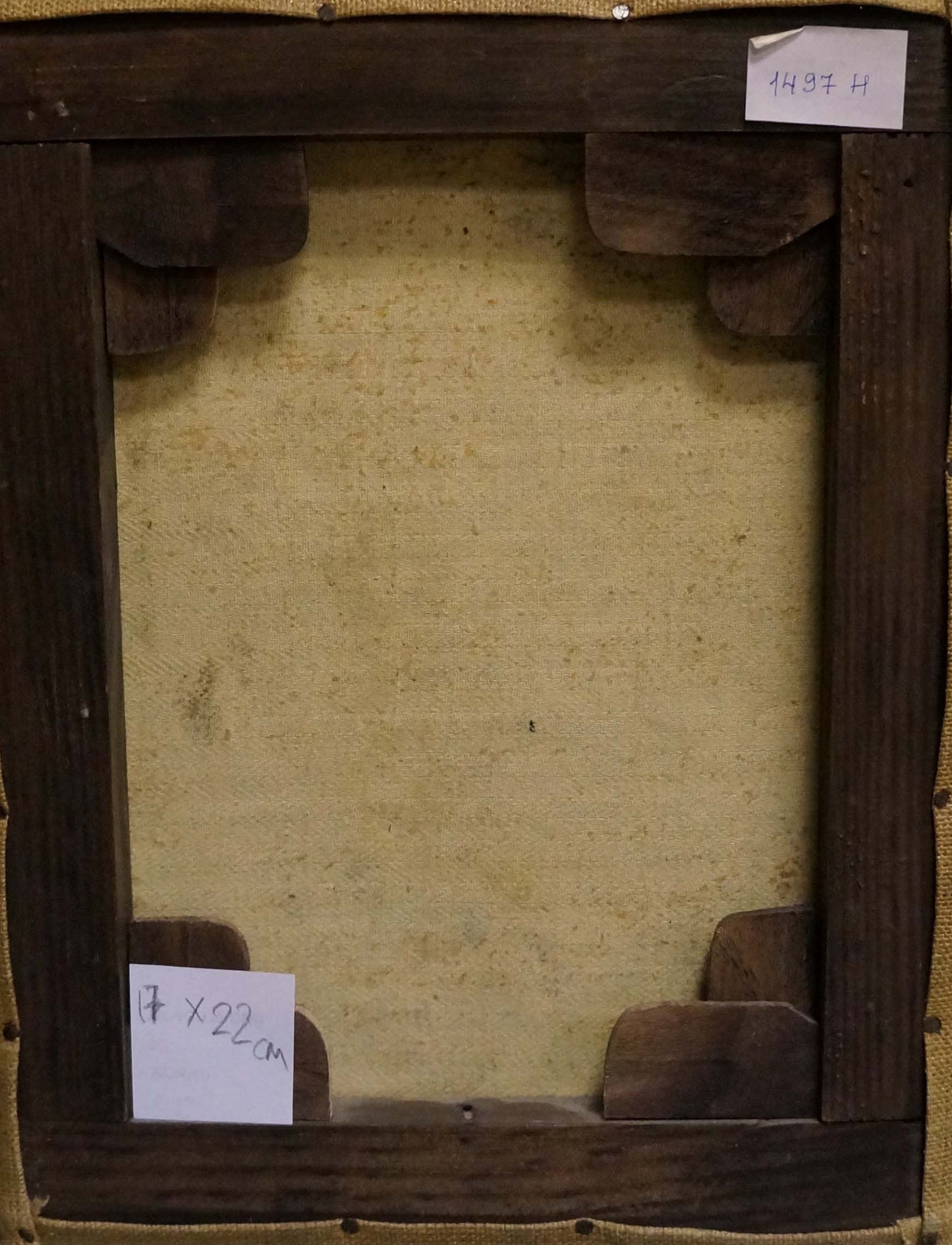 Back of Oil painting Landscape Alexander Mynka with dark wooden frame, beige canvas and white labels