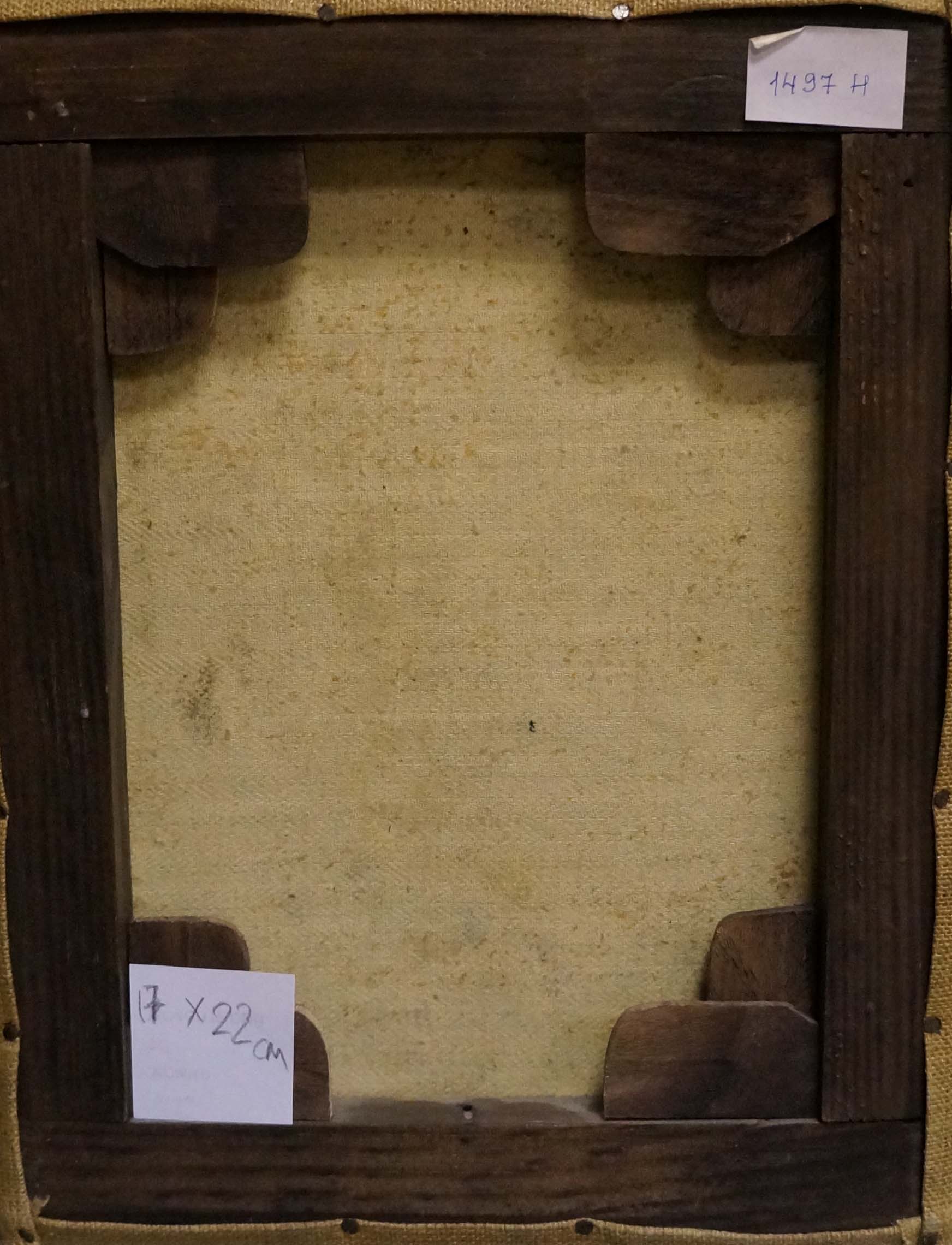 Back of Oil painting Landscape Alexander Mynka with dark wooden frame, beige canvas and white labels