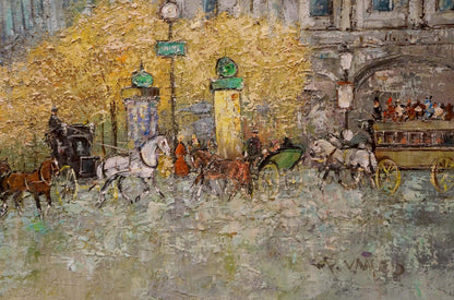 Oil painting of bustling Paris streets by Walter Prescher Van Ed