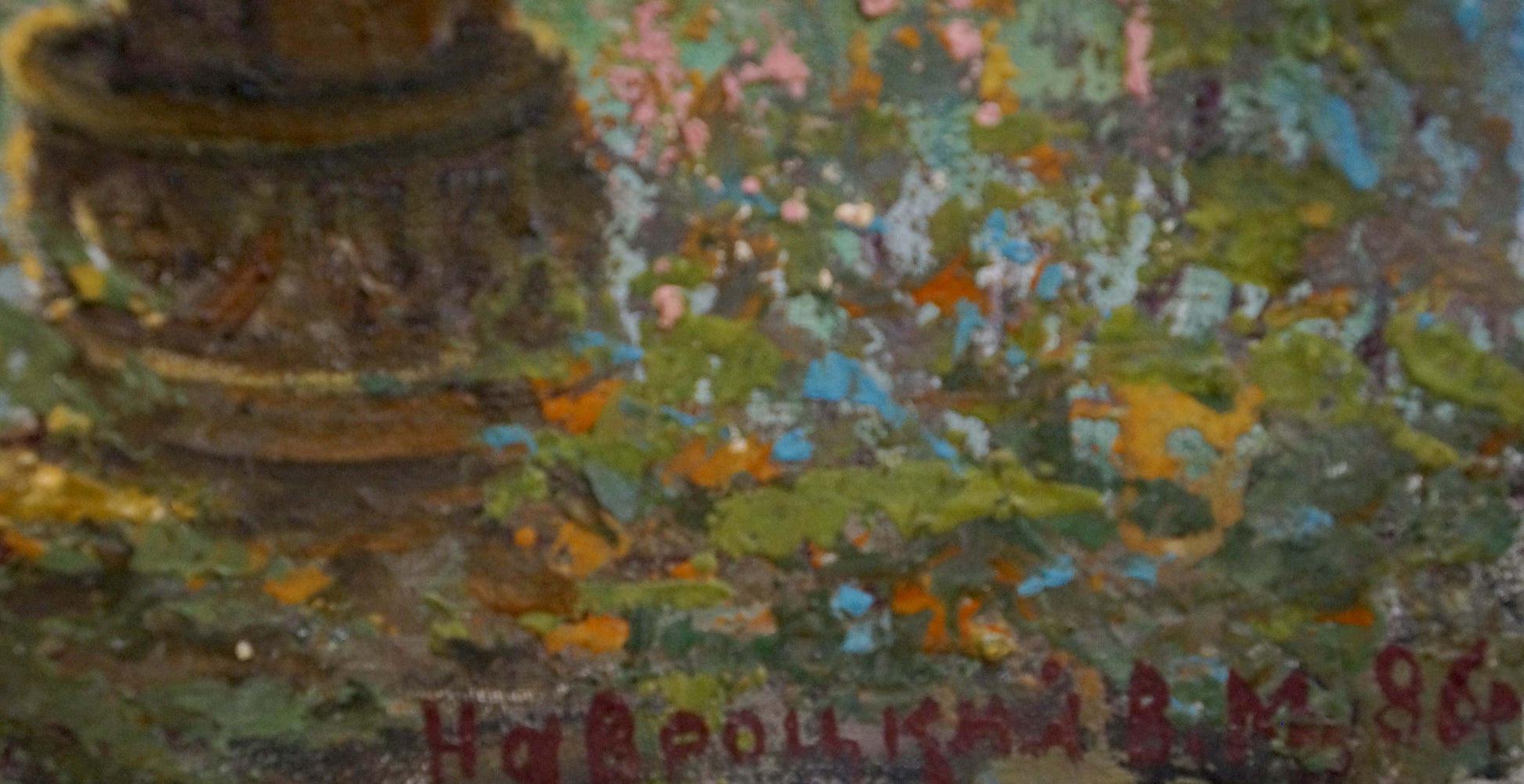 Oil painting of Kiev stone fountain base by Vasily Nikolaevich Navrotsky amid green foliage