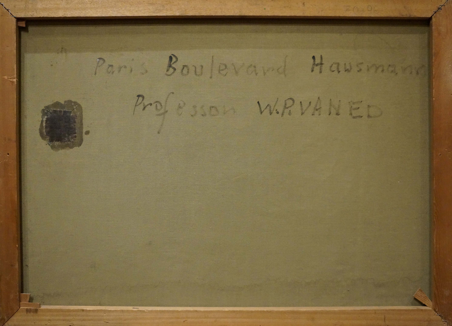 Back of Walter Prescher Van Ed Streets of Paris oil painting with handwritten text and dark circular patch