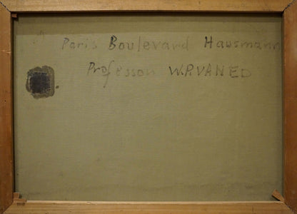 Back of Walter Prescher Van Ed Streets of Paris oil painting with handwritten text and dark circular patch