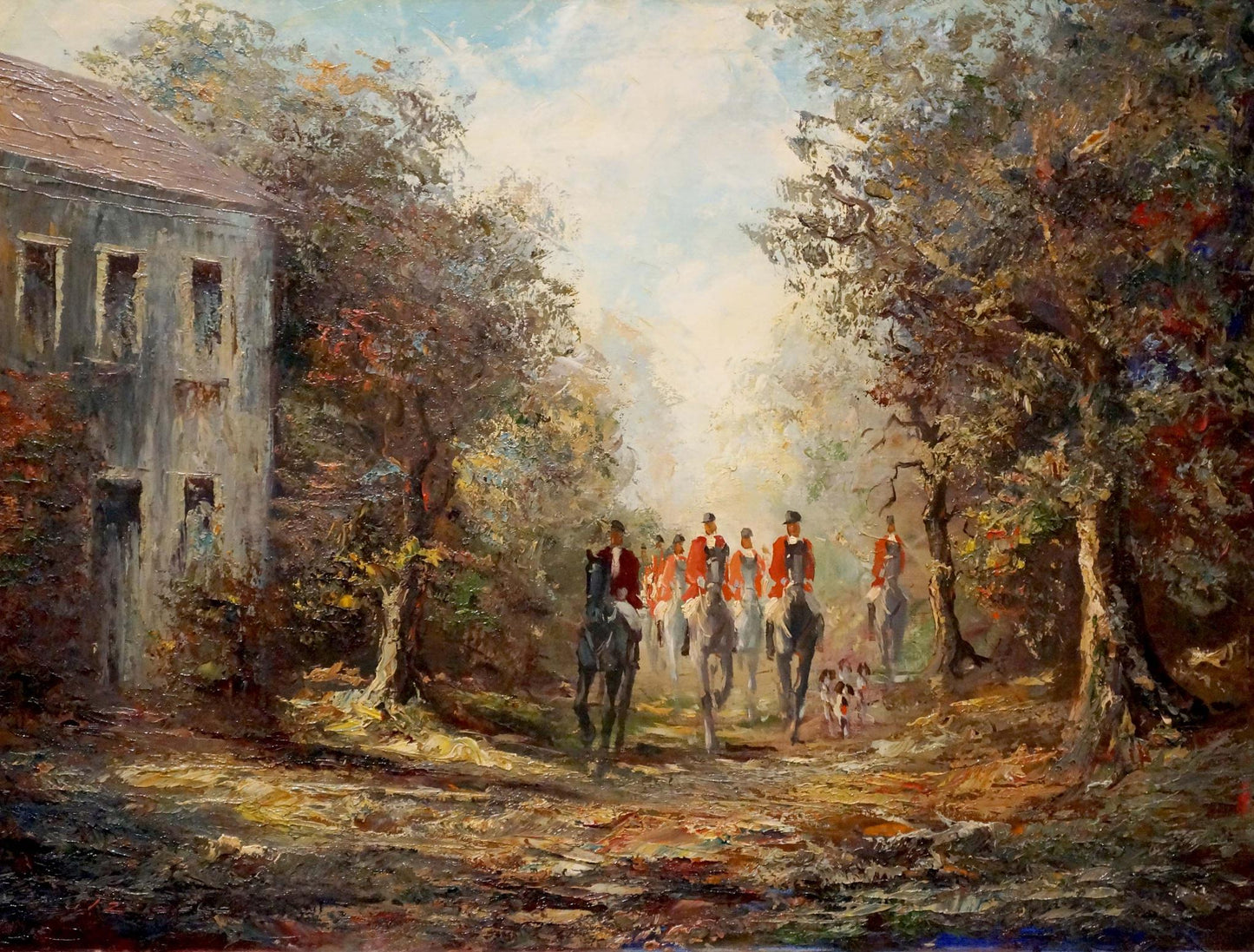 Oil painting Soldiers on the Road by Lutz, red-coated horsemen on sunlit path