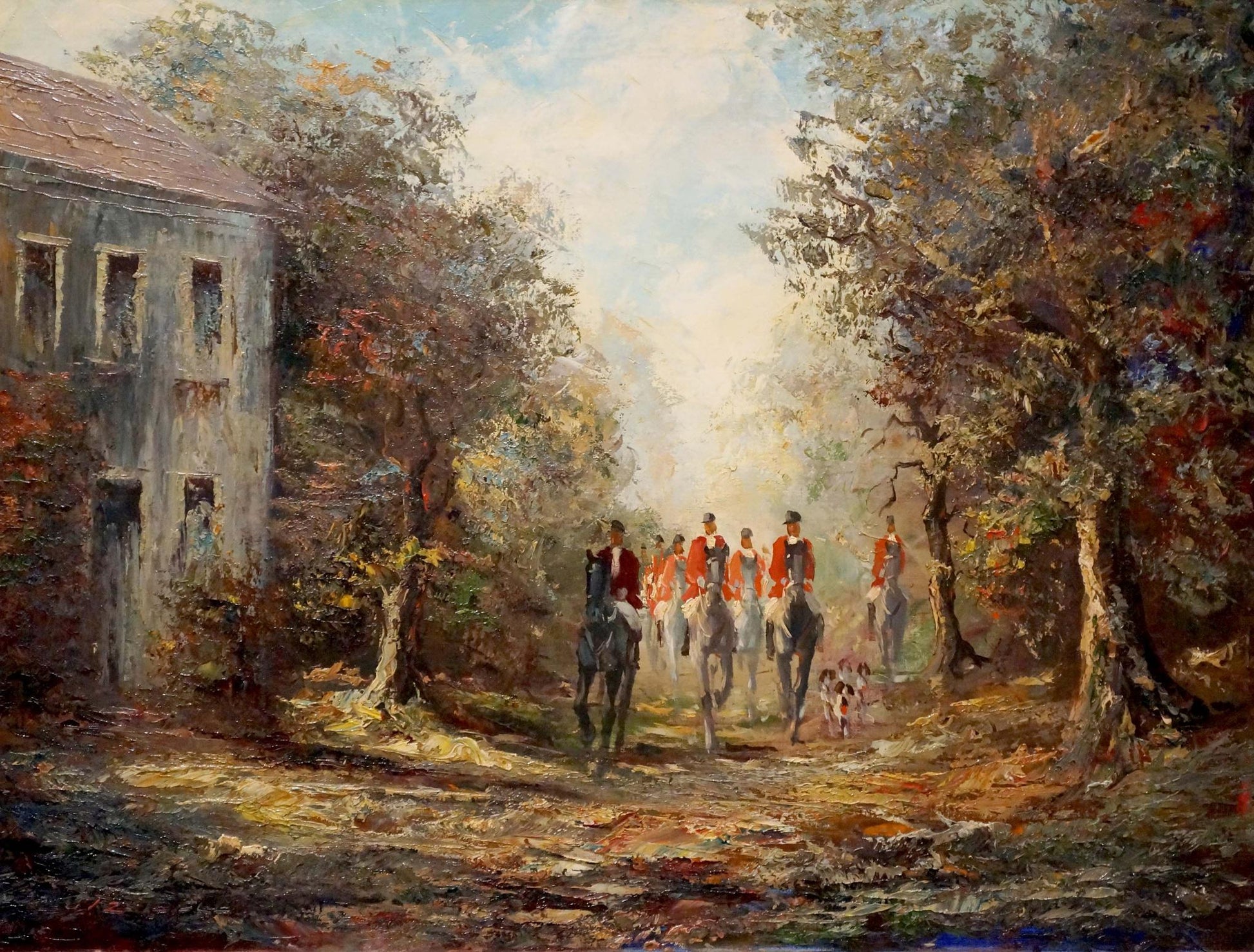 Oil painting Soldiers on the Road by Lutz, red-coated horsemen on sunlit path