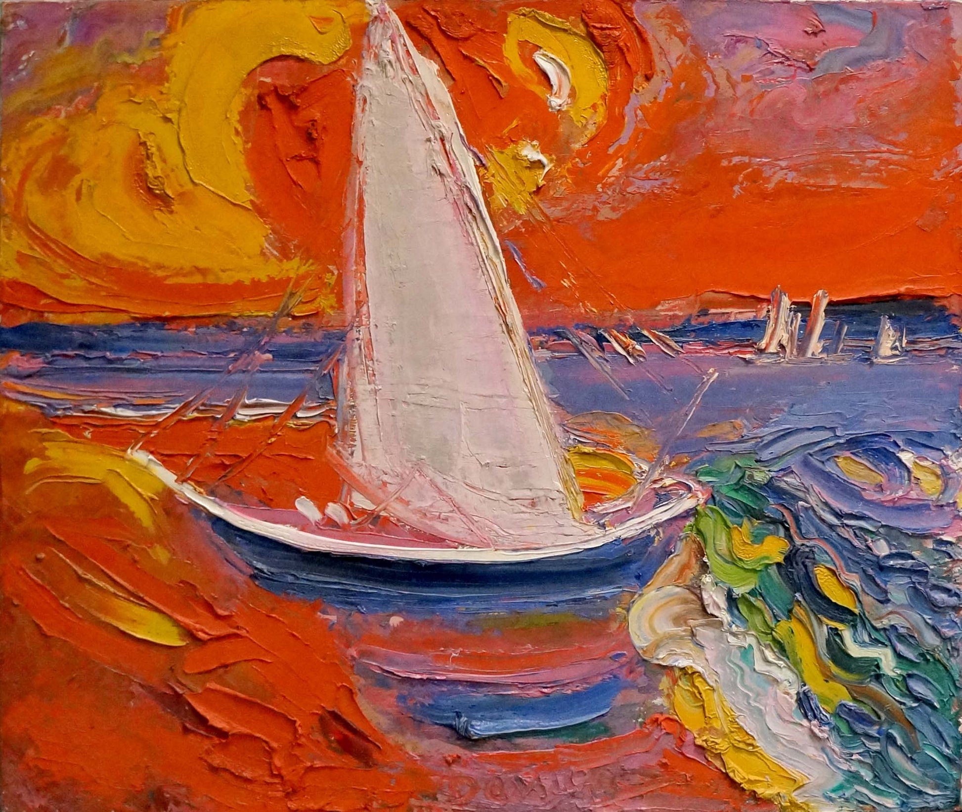 Oil painting Abstraction by Mikhail Demtsyu: sailboat in fiery sunset waters