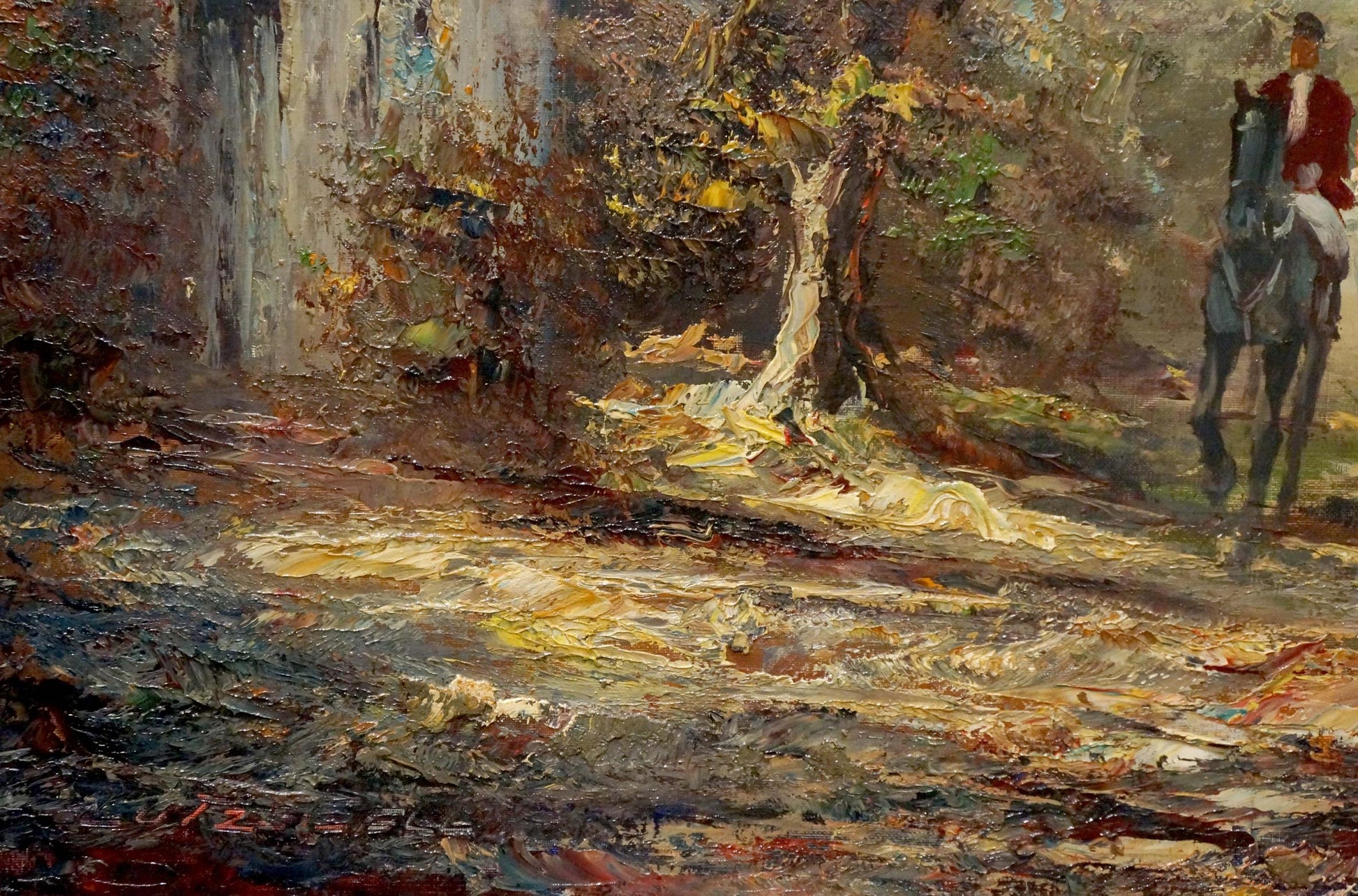 Rustic oil painting of soldiers on road by Lutz in autumn forest