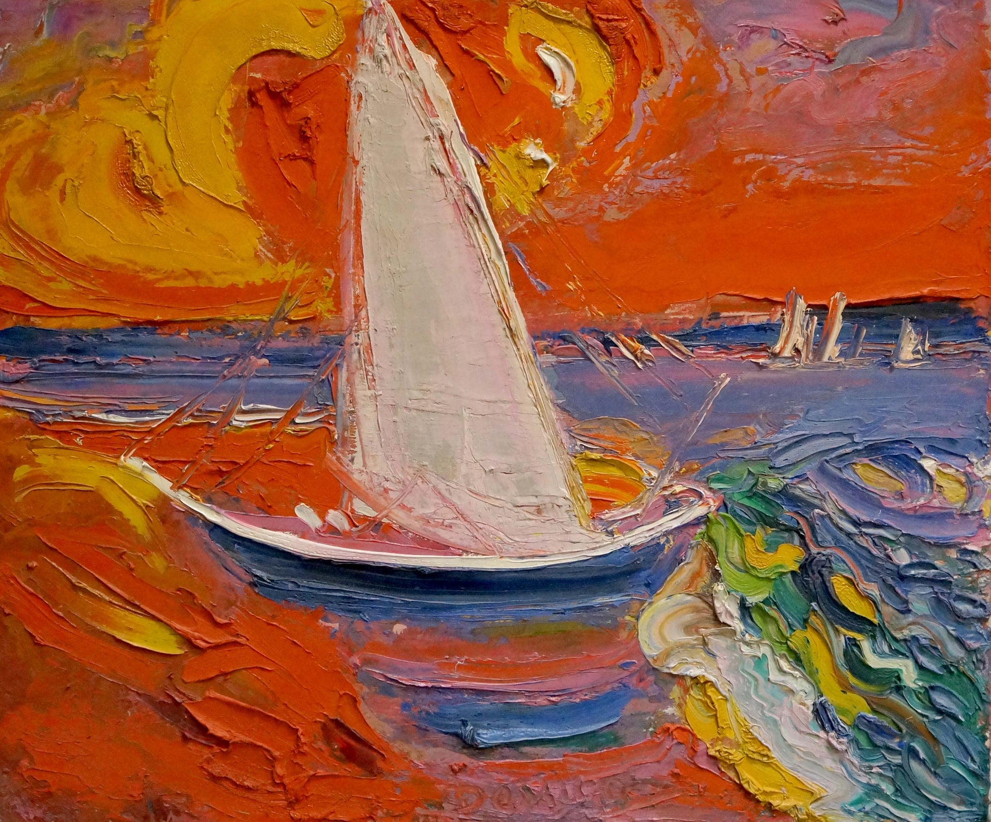 Oil painting Abstraction by Mikhail Demtsyu: sailboat on fiery sunset waters