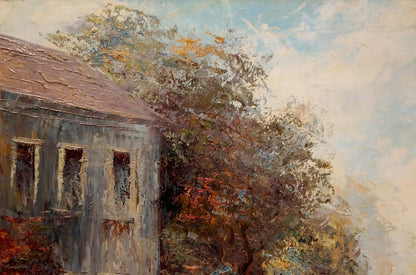 Oil painting Soldiers on the road Lutz: weathered stone house amid autumn trees